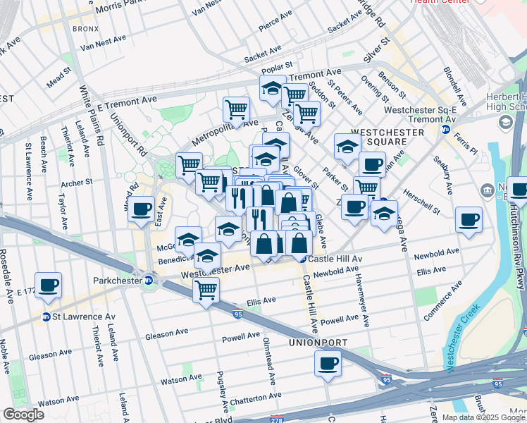 map of restaurants, bars, coffee shops, grocery stores, and more near 2131 Starling Avenue in Bronx