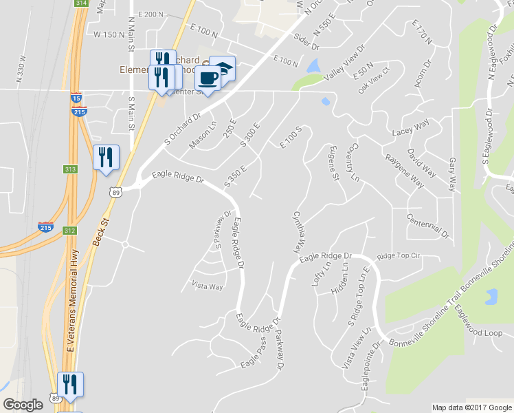 map of restaurants, bars, coffee shops, grocery stores, and more near 410 Springhill Circle in North Salt Lake