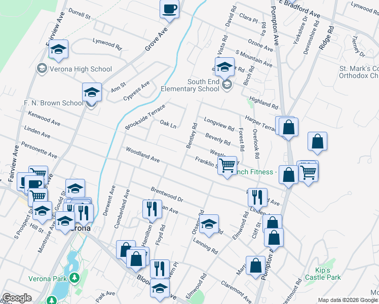 map of restaurants, bars, coffee shops, grocery stores, and more near 160 Franklin Street in Cedar Grove
