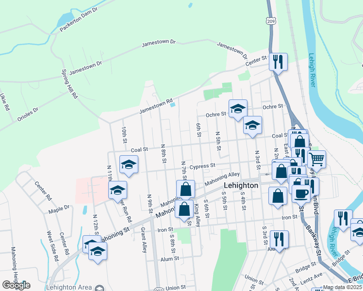 map of restaurants, bars, coffee shops, grocery stores, and more near North 7th Street in Lehighton