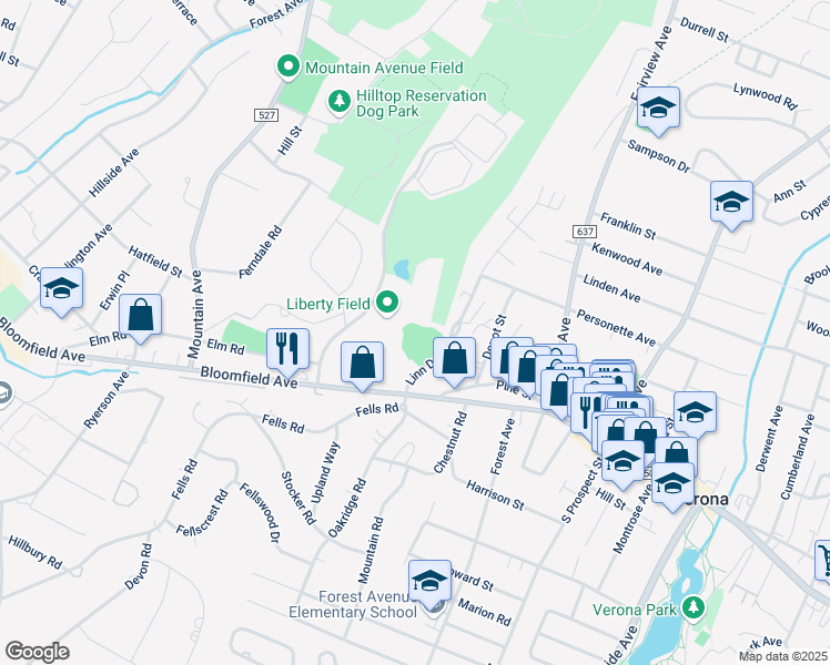 map of restaurants, bars, coffee shops, grocery stores, and more near 34 Linn Drive in Verona
