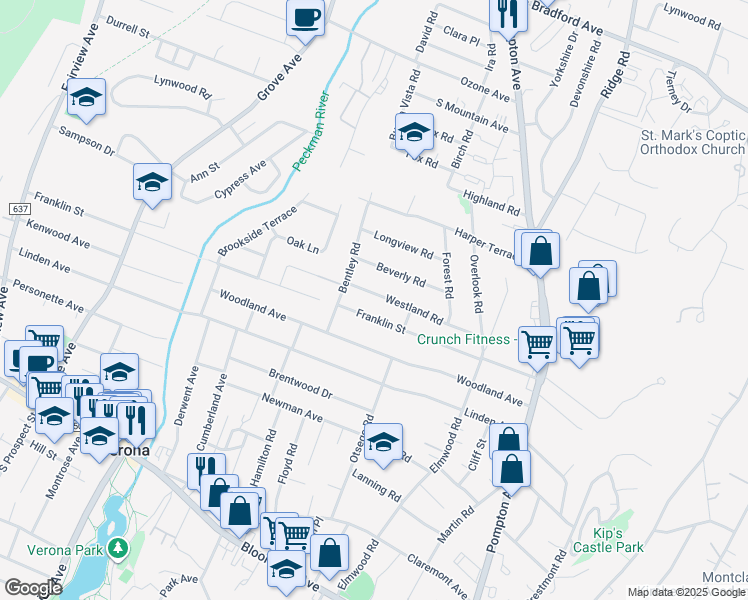 map of restaurants, bars, coffee shops, grocery stores, and more near 91 Westland Road in Cedar Grove