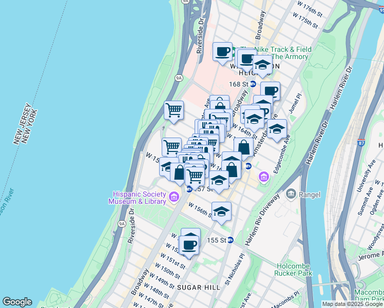 map of restaurants, bars, coffee shops, grocery stores, and more near Fort Washington Ave & W 160th St in New York