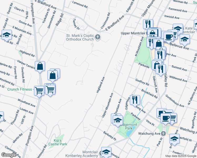 map of restaurants, bars, coffee shops, grocery stores, and more near 206 Highland Avenue in Montclair