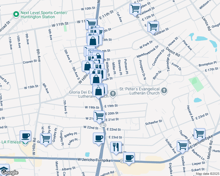 map of restaurants, bars, coffee shops, grocery stores, and more near 20 East 17th Street in Huntington Station