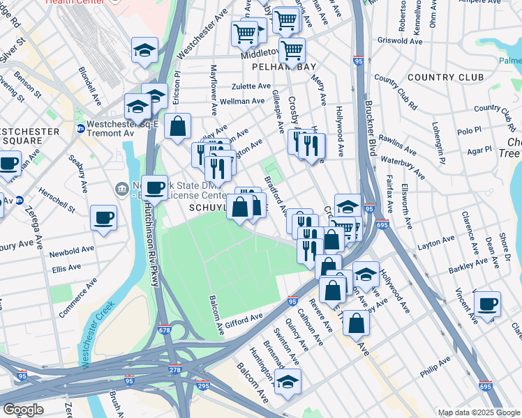 map of restaurants, bars, coffee shops, grocery stores, and more near 1239 Mayflower Avenue in Bronx