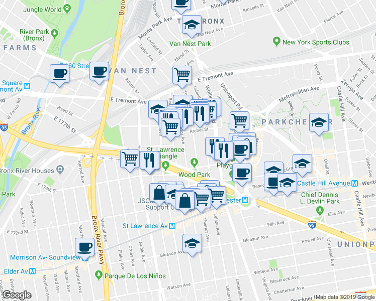 map of restaurants, bars, coffee shops, grocery stores, and more near 1422 Taylor Avenue in The Bronx