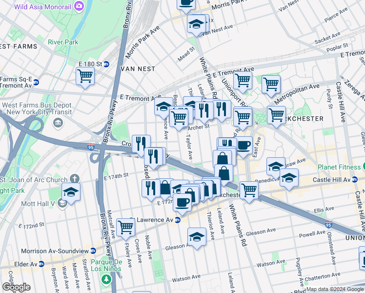 map of restaurants, bars, coffee shops, grocery stores, and more near 1796 Guion Place in Bronx