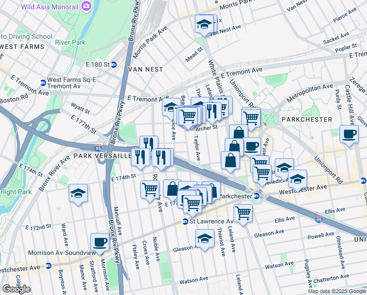 map of restaurants, bars, coffee shops, grocery stores, and more near 1796 Guion Place in Bronx