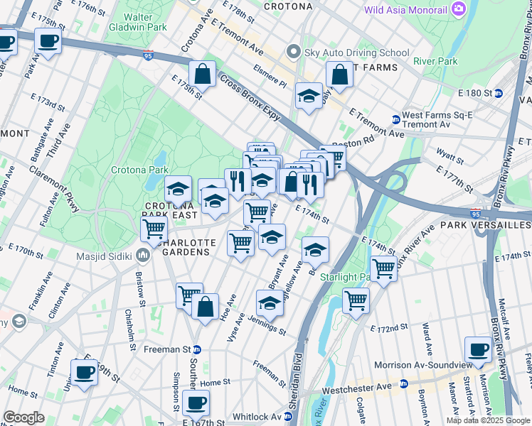 map of restaurants, bars, coffee shops, grocery stores, and more near 1680 Hoe Avenue in The Bronx