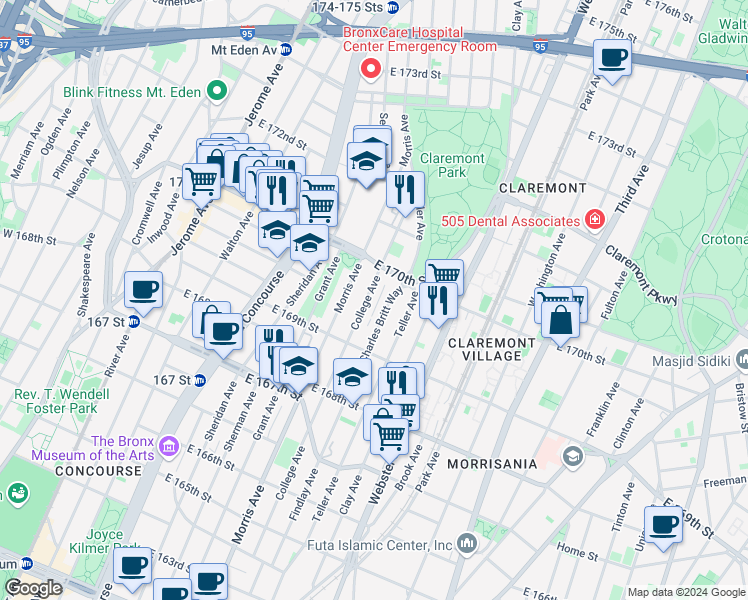 map of restaurants, bars, coffee shops, grocery stores, and more near 1340 College Avenue in Bronx