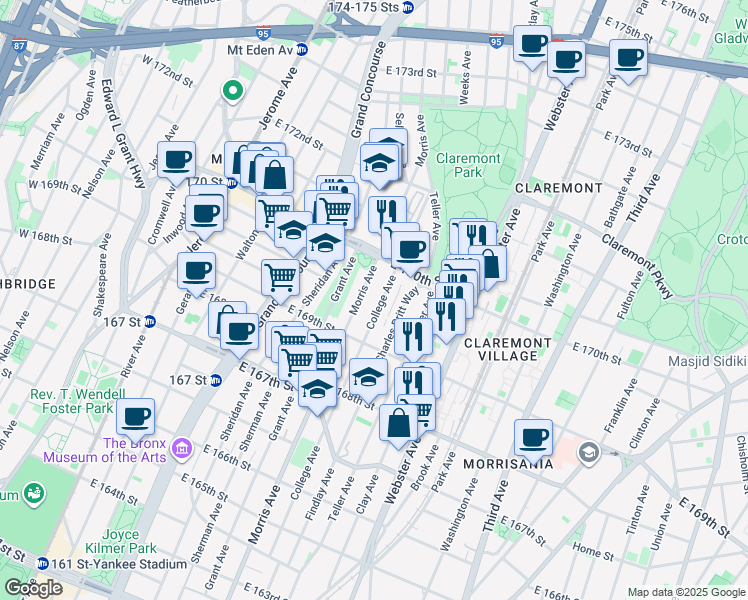 map of restaurants, bars, coffee shops, grocery stores, and more near 1340 College Avenue in Bronx