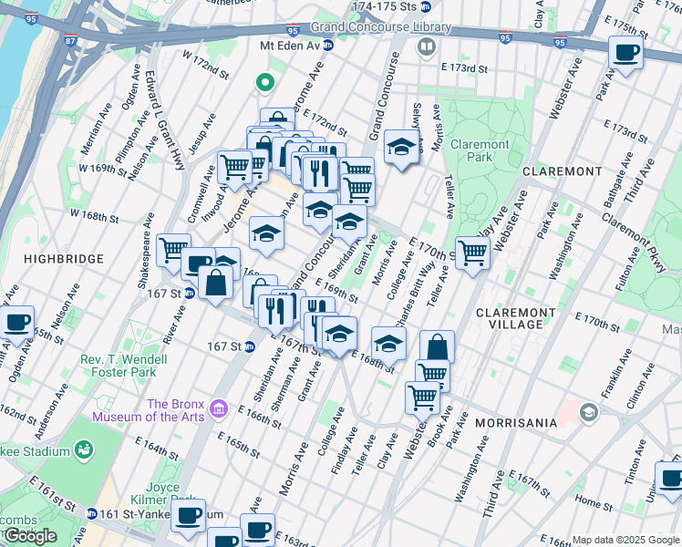 map of restaurants, bars, coffee shops, grocery stores, and more near 233 East 169th Street in Bronx