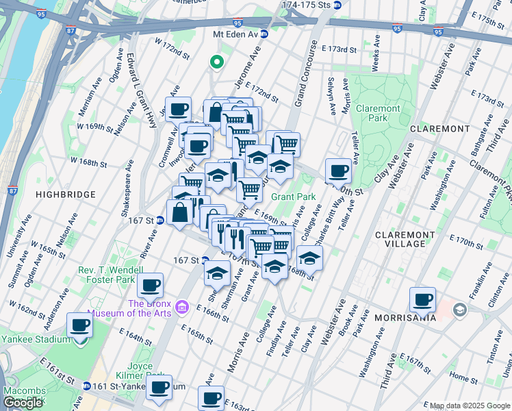 map of restaurants, bars, coffee shops, grocery stores, and more near in The Bronx