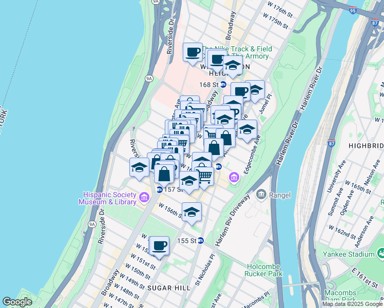 map of restaurants, bars, coffee shops, grocery stores, and more near 572 West 161st Street in New York