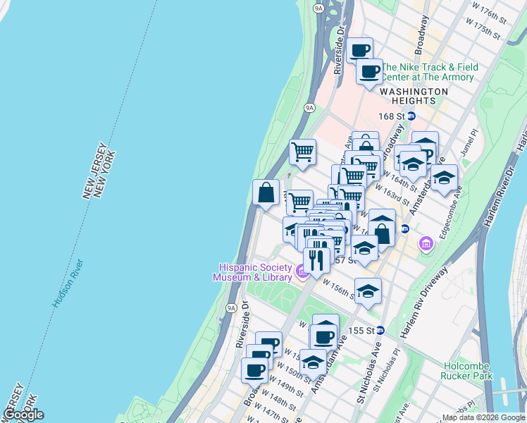 map of restaurants, bars, coffee shops, grocery stores, and more near 10 Riverside Drive West in New York