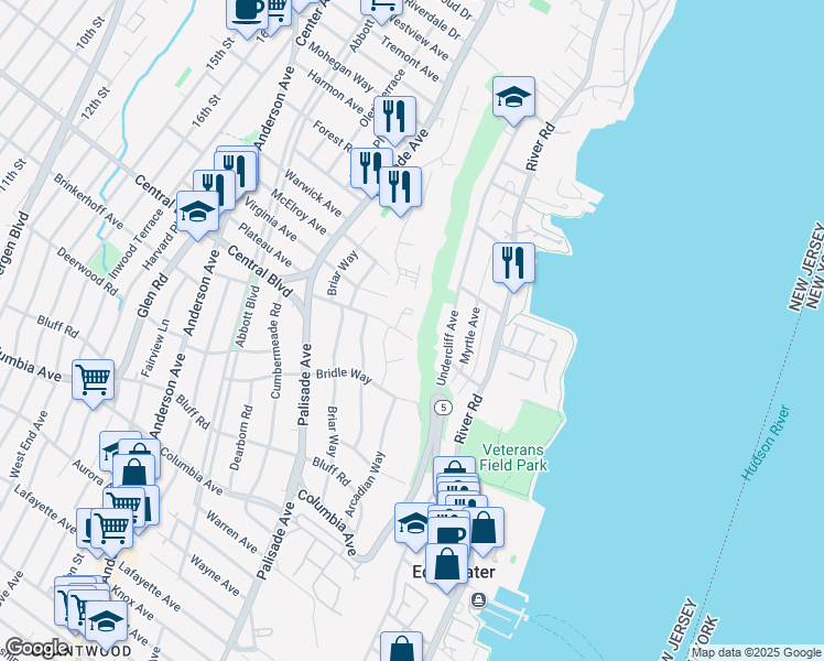 map of restaurants, bars, coffee shops, grocery stores, and more near 3 Crescent Way in Fort Lee