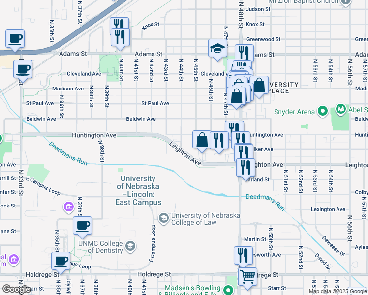 map of restaurants, bars, coffee shops, grocery stores, and more near 2334 North 44th Street in Lincoln