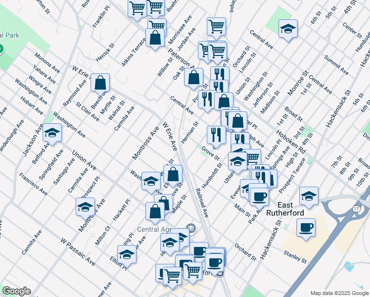 map of restaurants, bars, coffee shops, grocery stores, and more near 5 Wood Street in Rutherford