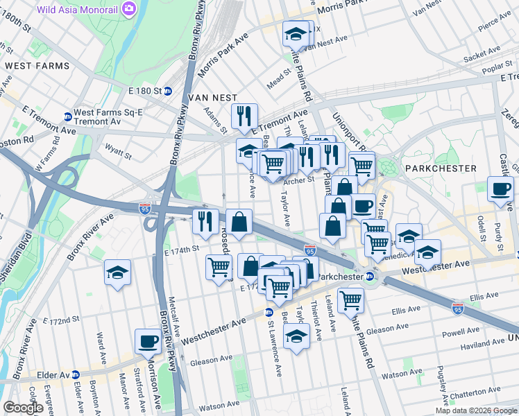 map of restaurants, bars, coffee shops, grocery stores, and more near 1440 Saint Lawrence Avenue in The Bronx
