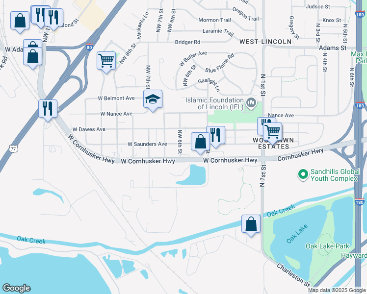 map of restaurants, bars, coffee shops, grocery stores, and more near 535 West Saunders Avenue in Lincoln