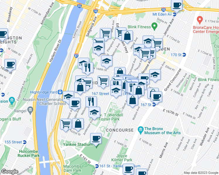 map of restaurants, bars, coffee shops, grocery stores, and more near 1179 Anderson Avenue in The Bronx