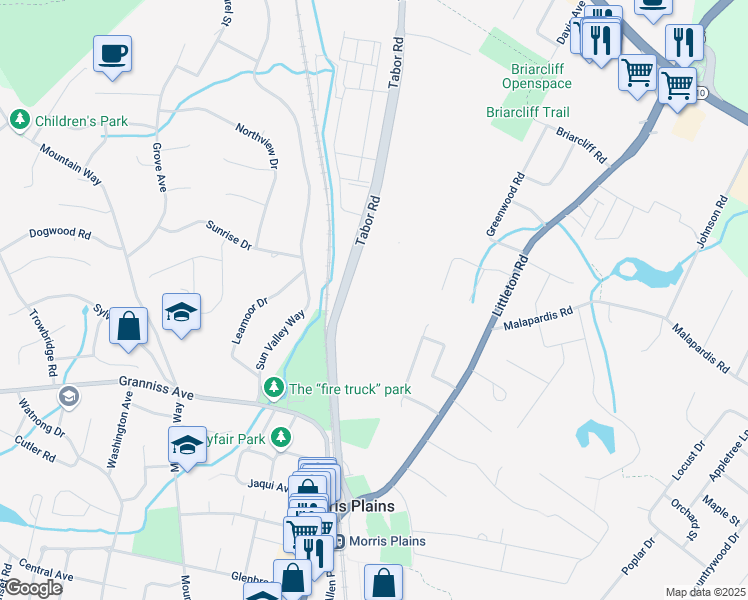 map of restaurants, bars, coffee shops, grocery stores, and more near 115 Tabor Road in Morris Plains