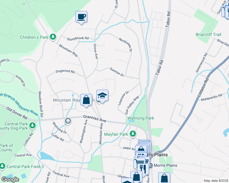 map of restaurants, bars, coffee shops, grocery stores, and more near 20 Beaver Ridge Road in Morris Plains