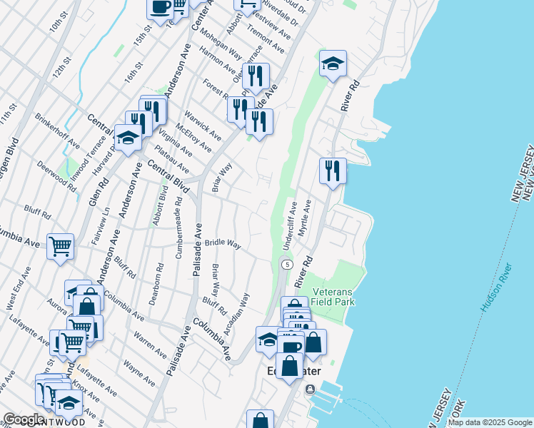 map of restaurants, bars, coffee shops, grocery stores, and more near 3 Crescent Way in Fort Lee