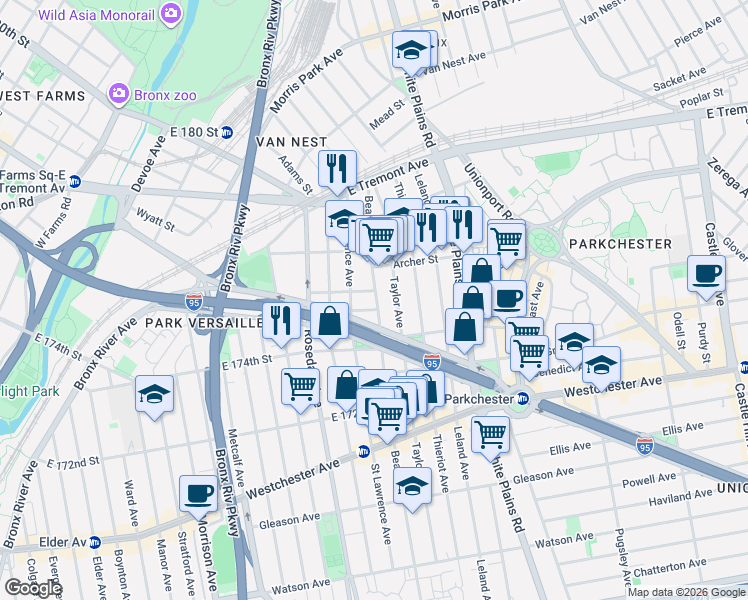 map of restaurants, bars, coffee shops, grocery stores, and more near 1796 Guion Place in Bronx