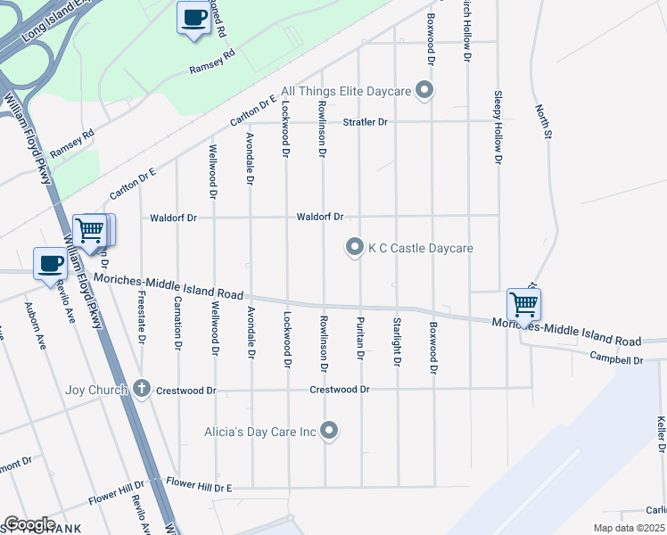 map of restaurants, bars, coffee shops, grocery stores, and more near Rowlinson Drive in Shirley