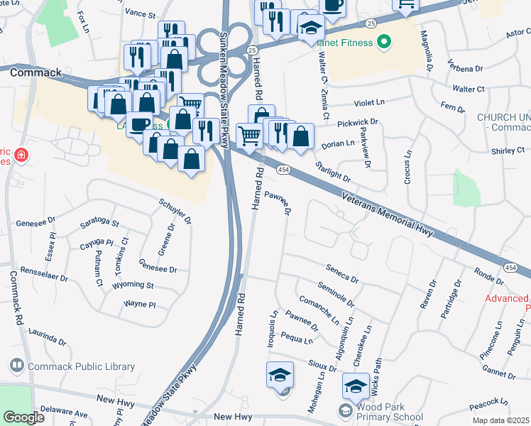 map of restaurants, bars, coffee shops, grocery stores, and more near 121 Harned Road in Commack