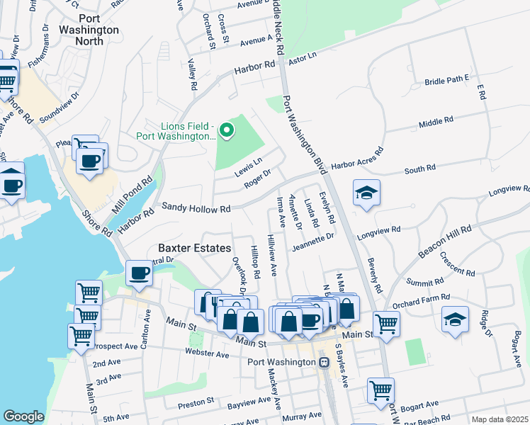 map of restaurants, bars, coffee shops, grocery stores, and more near 55 Hillview Avenue in Port Washington