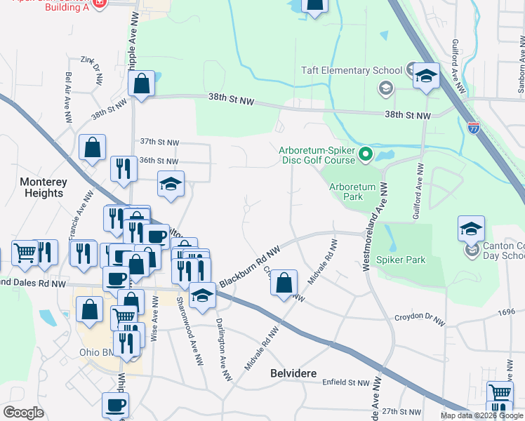 map of restaurants, bars, coffee shops, grocery stores, and more near 3630 Overhill Drive Northwest in Canton