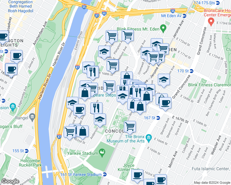 map of restaurants, bars, coffee shops, grocery stores, and more near 36 West 167th Street in Bronx