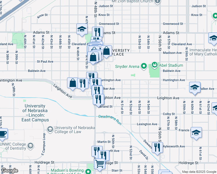 map of restaurants, bars, coffee shops, grocery stores, and more near 4918 Walker Avenue in Lincoln