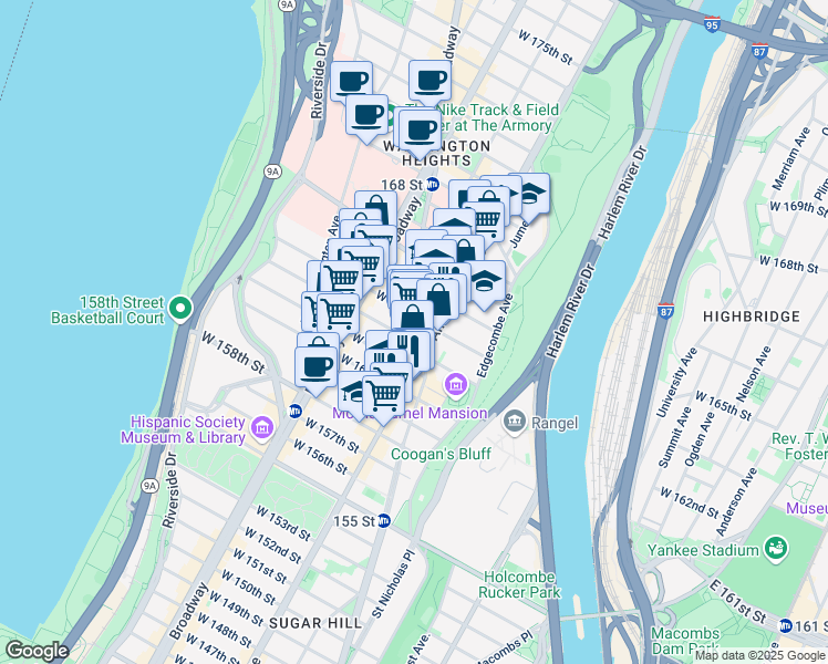 map of restaurants, bars, coffee shops, grocery stores, and more near 1045 St Nicholas Ave in New York