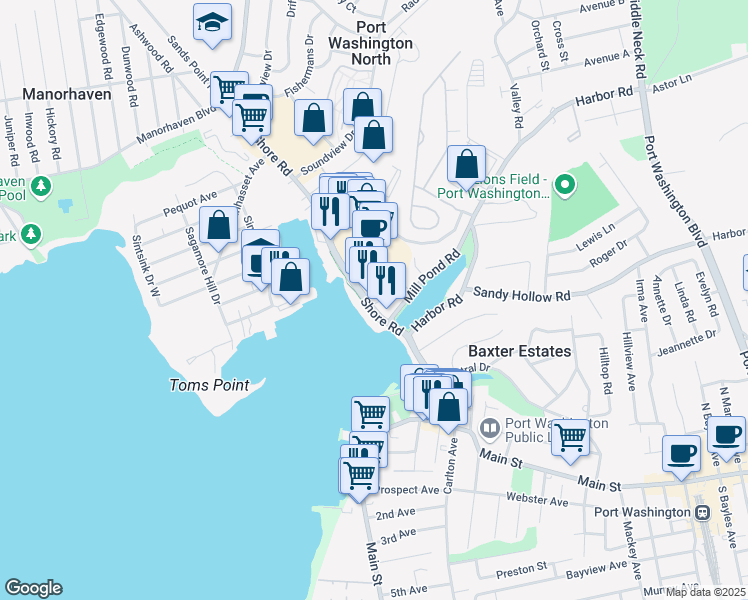 map of restaurants, bars, coffee shops, grocery stores, and more near 65 Shore Road in Port Washington