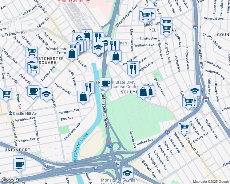 map of restaurants, bars, coffee shops, grocery stores, and more near 1329 Balcom Avenue in Bronx