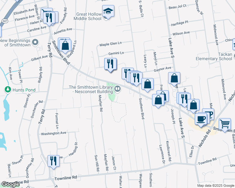 map of restaurants, bars, coffee shops, grocery stores, and more near 148 Smithtown Boulevard in Nesconset