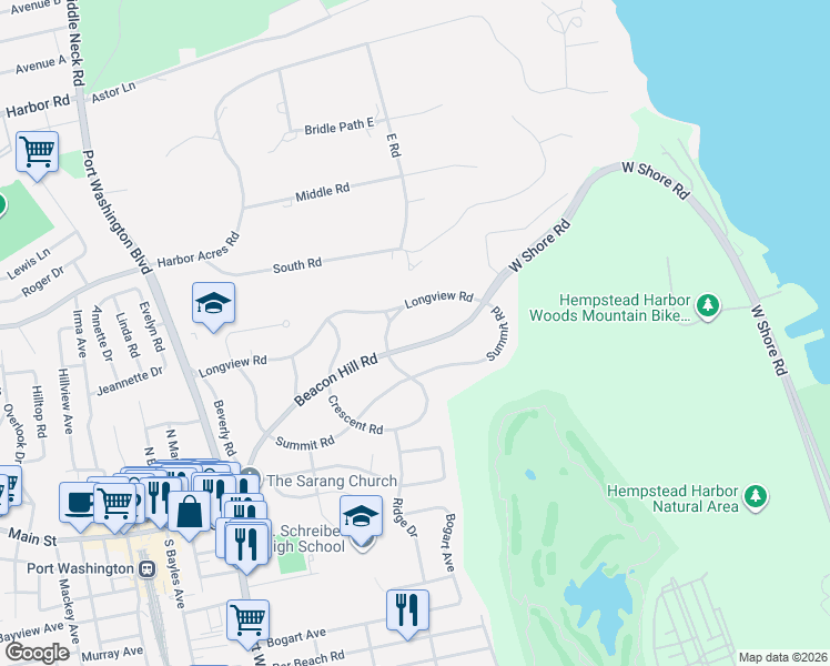 map of restaurants, bars, coffee shops, grocery stores, and more near 54 Beacon Hill Road in Port Washington