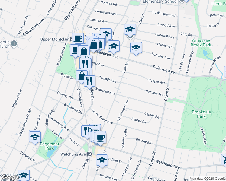 map of restaurants, bars, coffee shops, grocery stores, and more near 155 Wildwood Avenue in Montclair