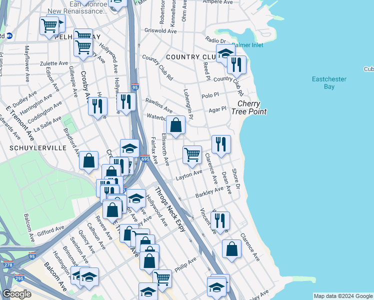 map of restaurants, bars, coffee shops, grocery stores, and more near 3200 Fairmount Avenue in Bronx