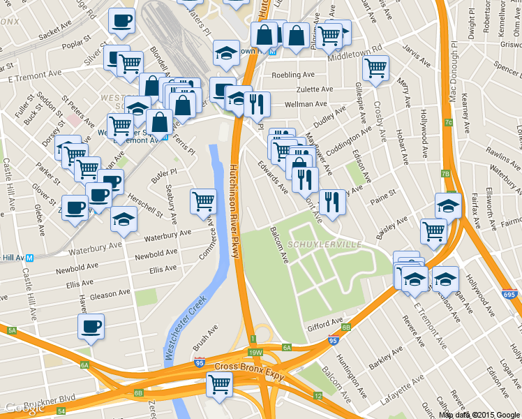 map of restaurants, bars, coffee shops, grocery stores, and more near 1311 Vreeland Avenue in Bronx