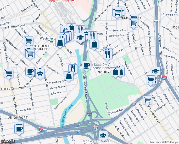 map of restaurants, bars, coffee shops, grocery stores, and more near 1311 Vreeland Avenue in Bronx