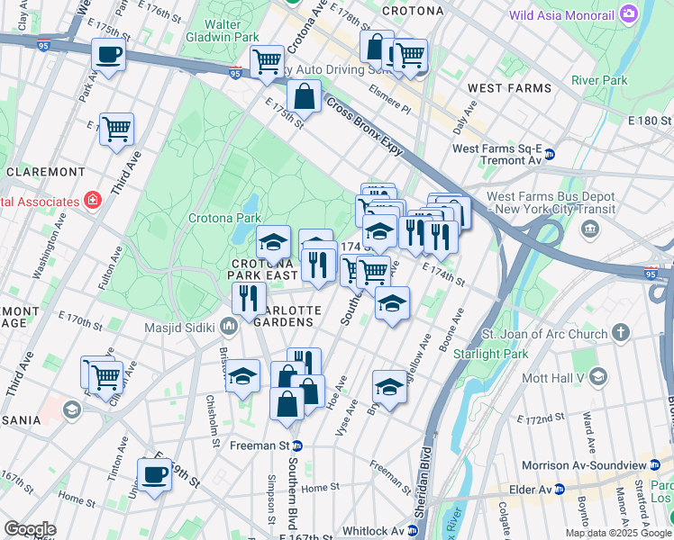map of restaurants, bars, coffee shops, grocery stores, and more near 1624 Boston Road in Bronx