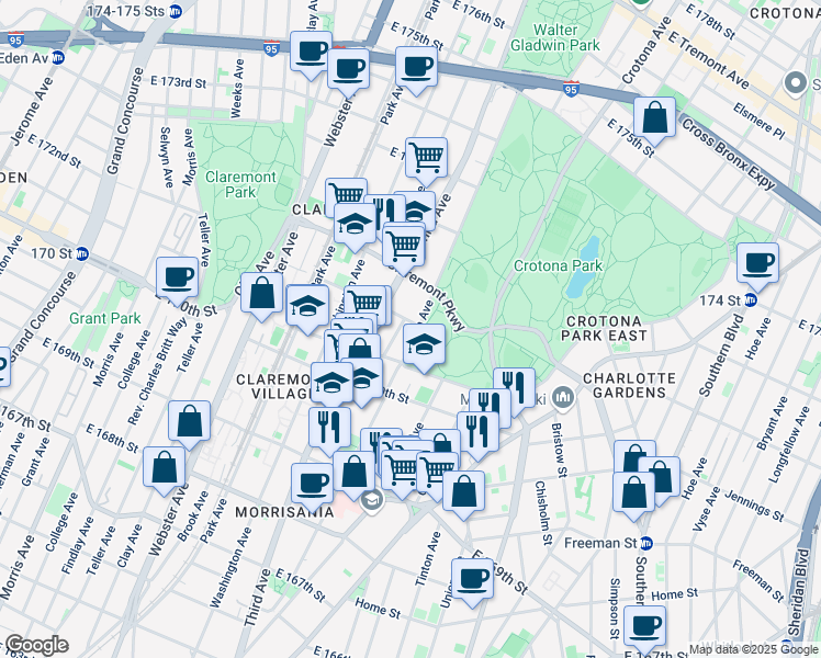 map of restaurants, bars, coffee shops, grocery stores, and more near 1511 Fulton Avenue in The Bronx
