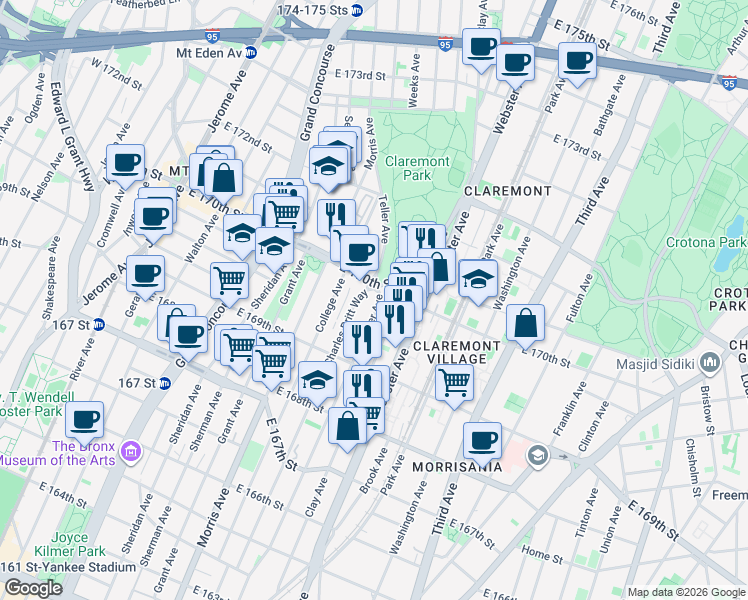 map of restaurants, bars, coffee shops, grocery stores, and more near 1365 Teller Avenue in Bronx