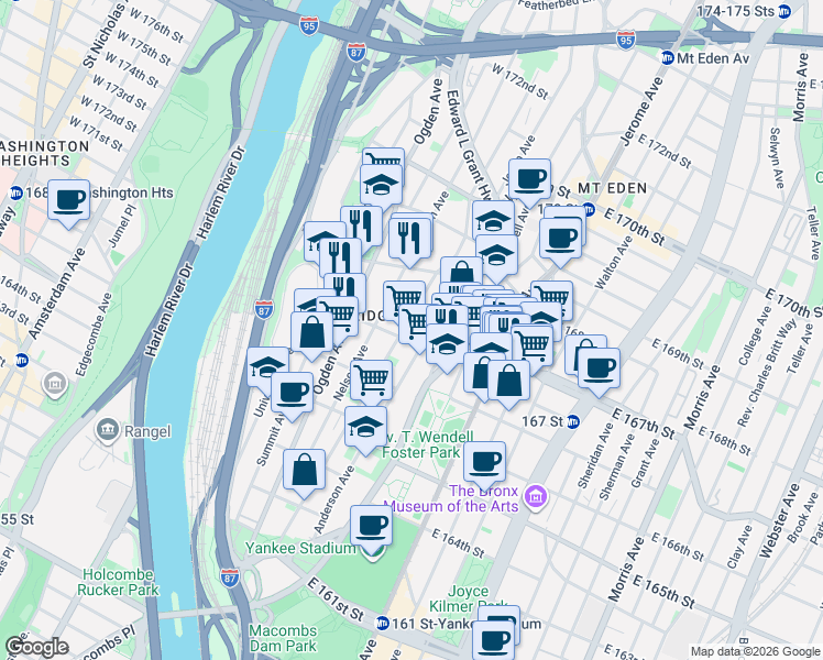 map of restaurants, bars, coffee shops, grocery stores, and more near 36 West 167th Street in Bronx