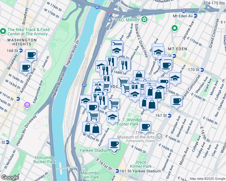 map of restaurants, bars, coffee shops, grocery stores, and more near 1144 Nelson Avenue in Bronx